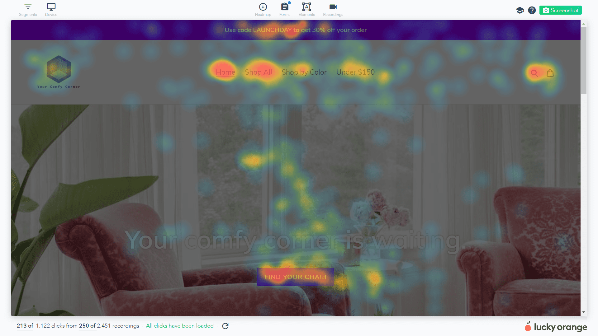A heatmap analysis of a webpage, for an online furniture store, shows areas of high user attention.