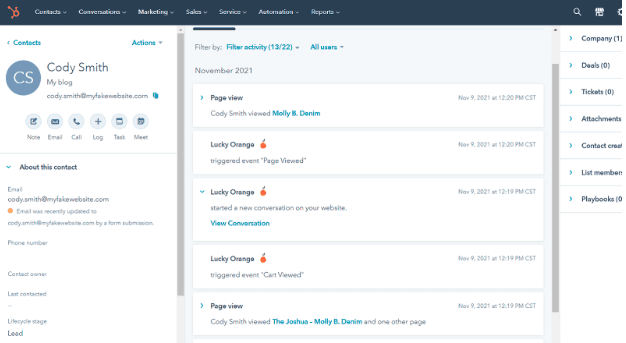 HubSpot Lucky Orange integration in HubSpot timeline view