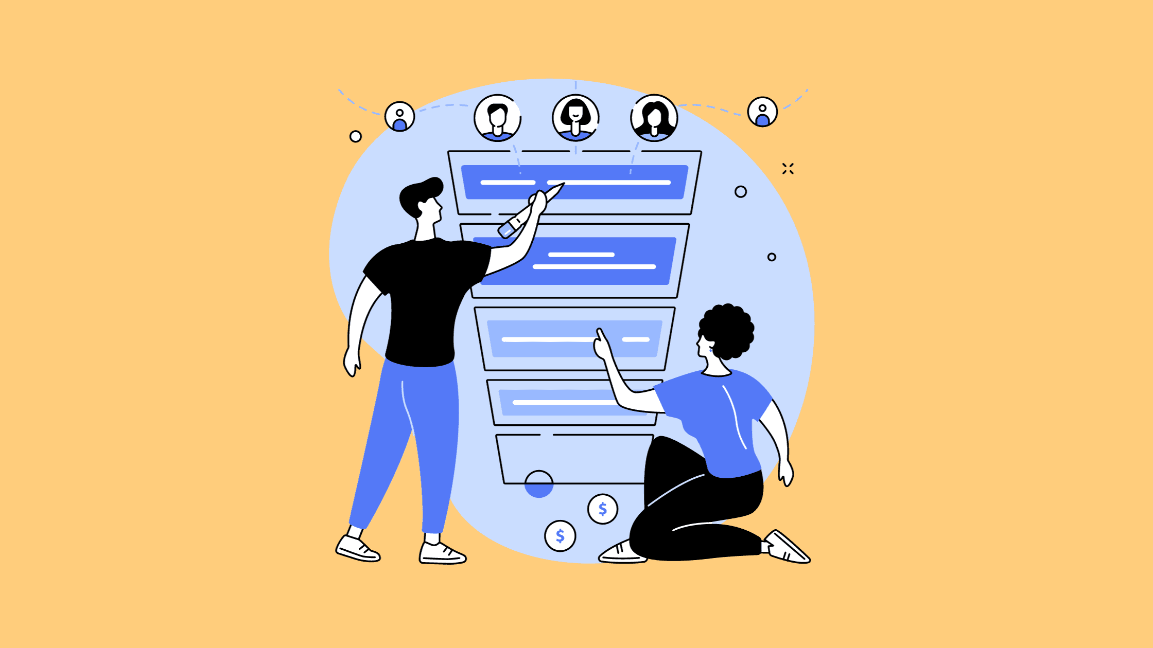 Two people working on a conversion funnel graphic